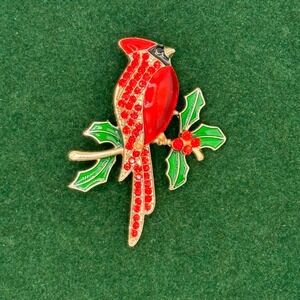 Cardinal Brooch with Red Rhinestones & Enamel Sitting Holly Branch Christmas Pin
